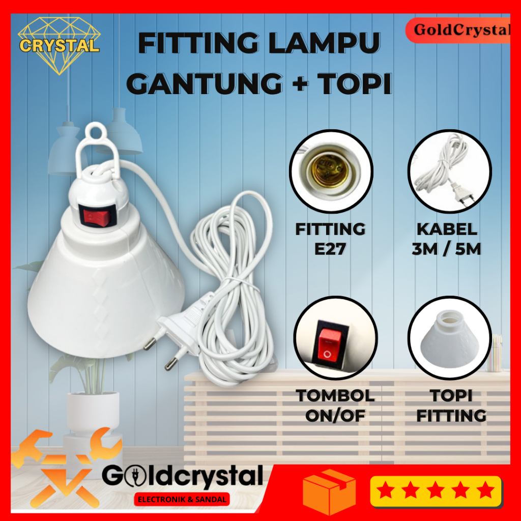 Fitting Gantung Lampu WD E27 Kabel 5 Meter + Rumah & Saklar On Off Fiting Gantung Saklar dan Topi