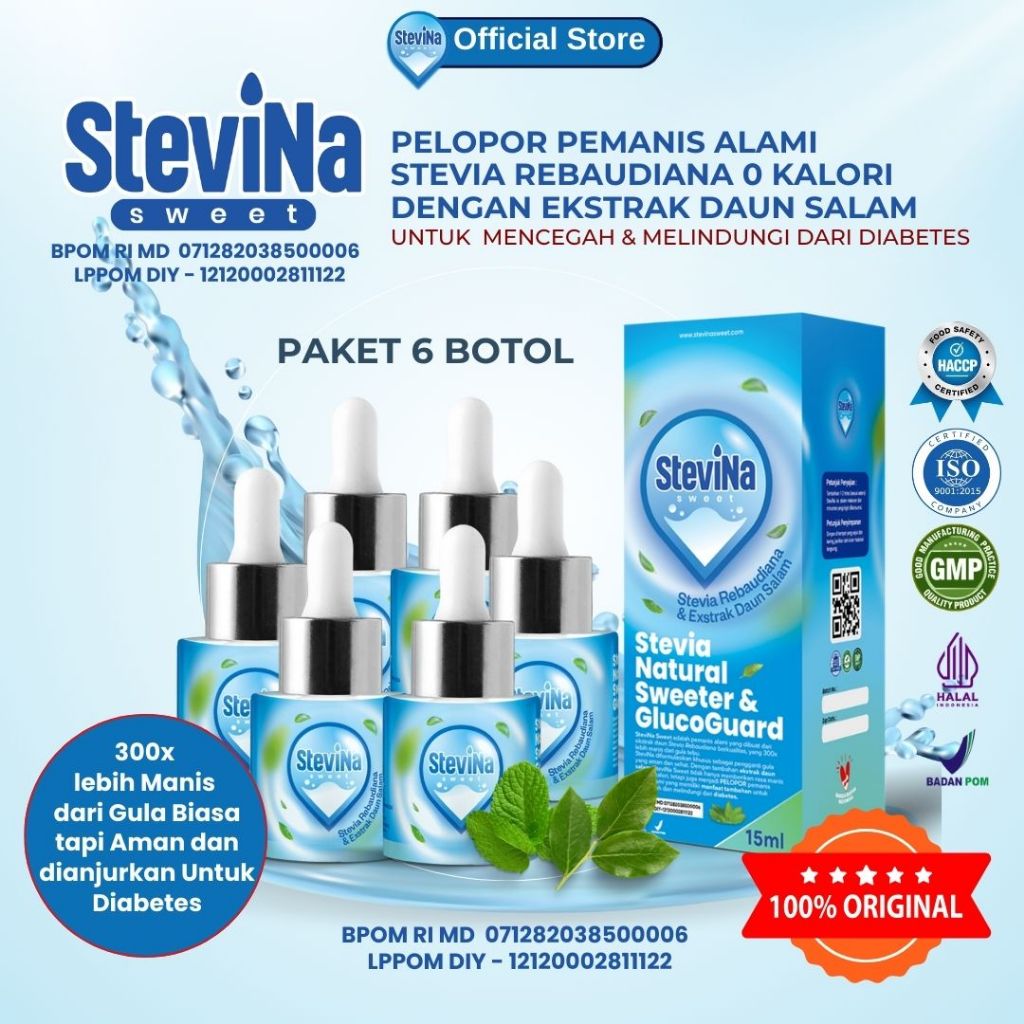 

Stevina sweet Pelopor Pemanis Stevia Cair 0 Kalori dengan Herbal daun Salam Untuk Diet Sehat dan Mencegah sekaligus Melindungi dari Diabetes Isi 15ml Paket 6 Botol
