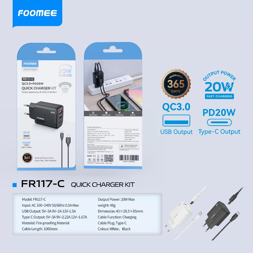 Charger FOOMEE FR117-C Quick Charge KIT 3.0A 20W PD 20W FAST CHARGING TYPE-C