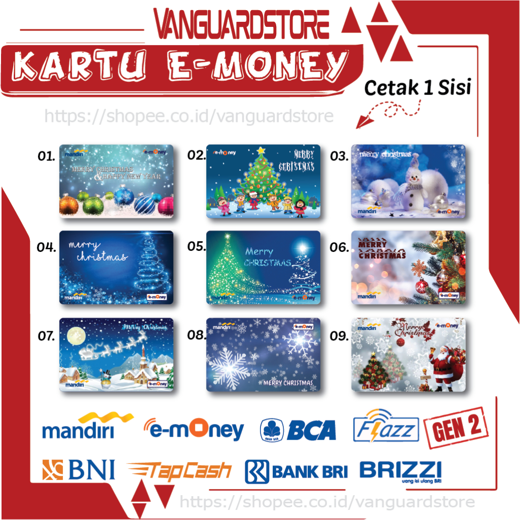KARTU E MONEY E TOLL SANTA CLAUS & POHON NATAL KUMPULAN 1 EMONEY MANDIRI FLAZZ BCA TAPCASH BRIZZI