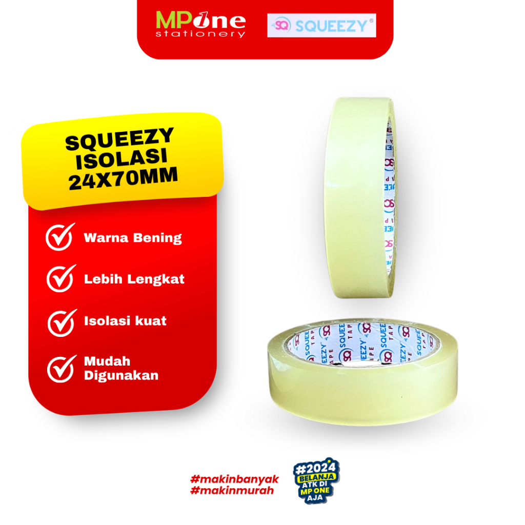 

(1 ROLL) Squeezy Isolasi Sedang Bening 24mmx70mm / Isolasi 1 Inch Squeezy Transparant 24mm