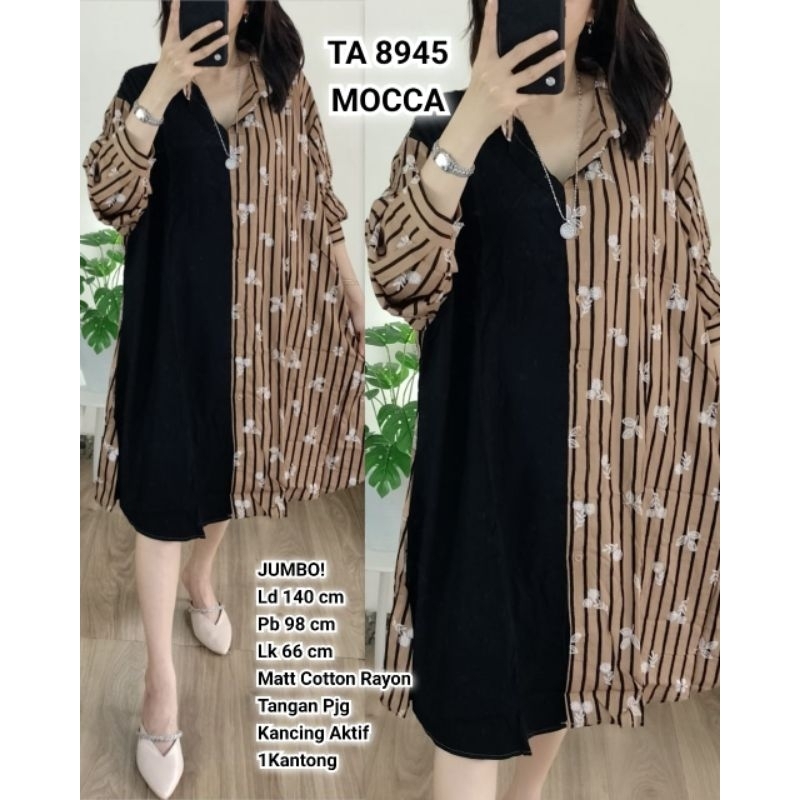 TA 8945. Tunik Jumbo Cotton Rayon Salur Kombi Kerah