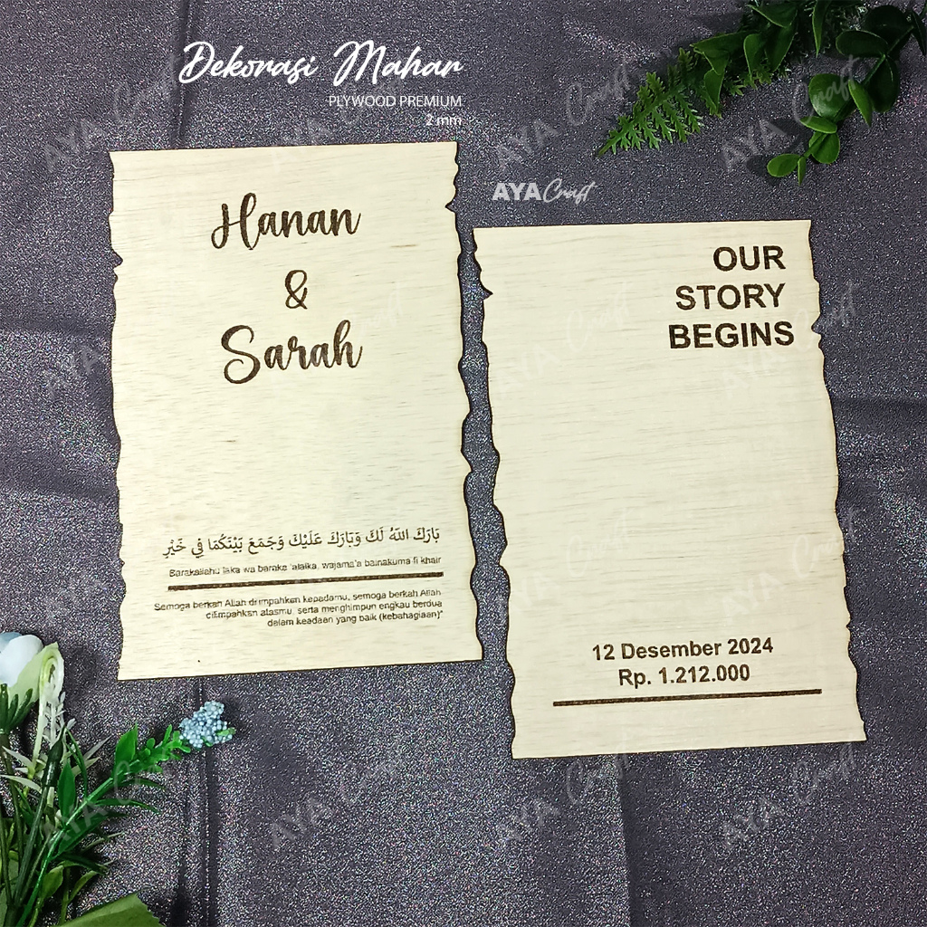 Kertas Sobek Bahan Mahar Custom Nama Grafir Ukir Cutting Laser Bahan Plywood
