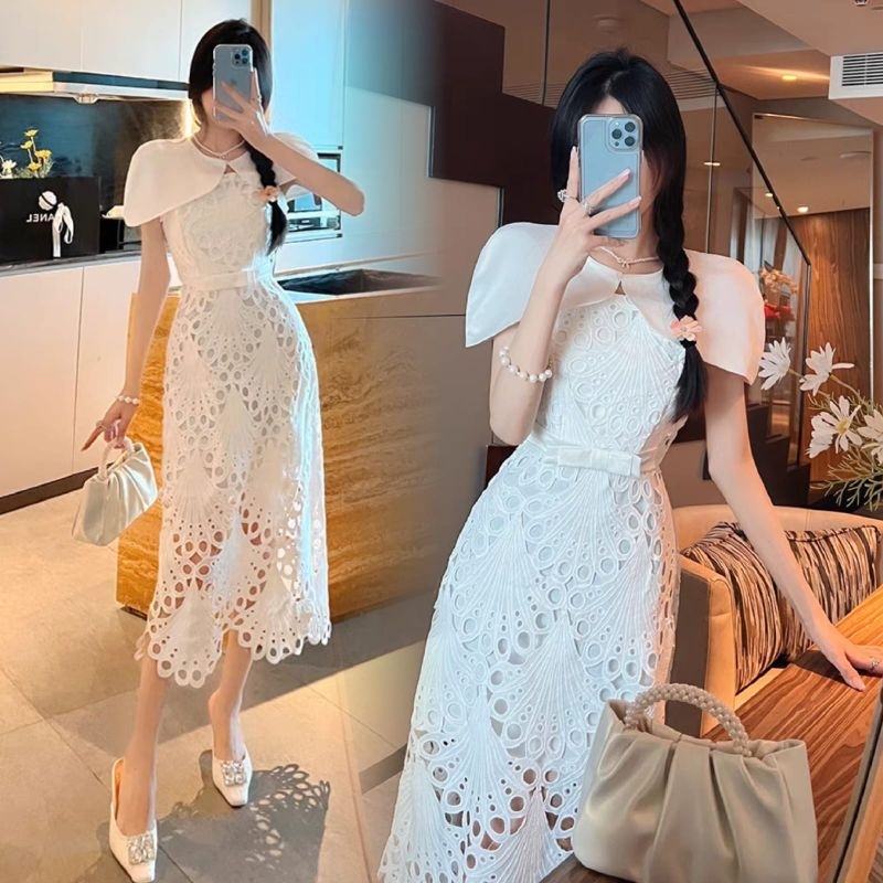 cape midi dress aline skirt lace brukat brokat brocade premium europe paris dress gaun pesta wedding