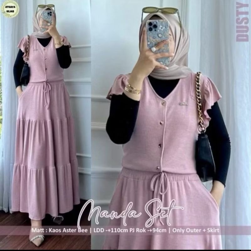 MANDA SET ROK KNIT TANGAN PENDEK LD 110 / MANDA SET ROK / ONE SET ROK RENDA / SETELAN POLOS / ONE SE