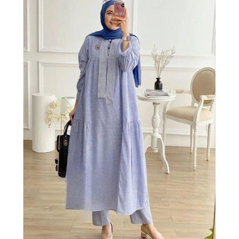 Setelan Tunik Fashion Biru - Valora1