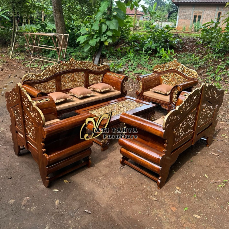 Kursi Tamu Jati ukir madura Arjuna Jumbo formasi 3211 meja kombinasi gold