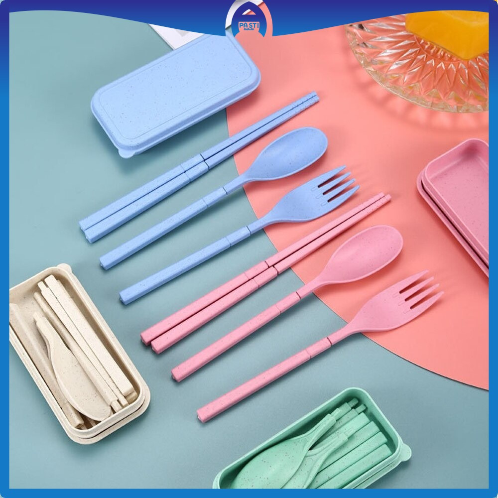 Alat Makan Sendok Garpu Sumpit Lipat 3IN1 Bahan Jerami Gandum / Sendok Korea Travel Cutlery Set Port