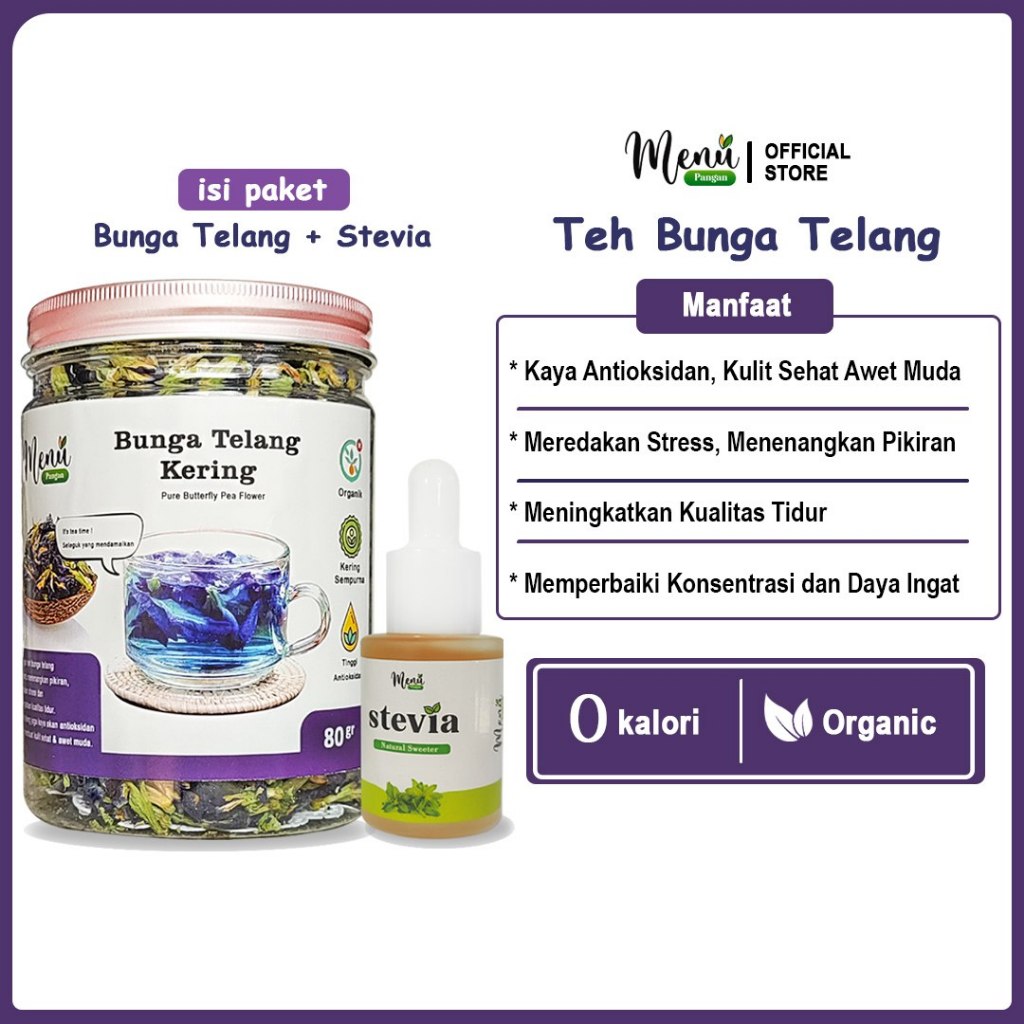 

Bunga Telang Biru Organik 80gr dan STEVIA Pemanis 0 Kalori Pengganti Gula 15ml (Bundling)