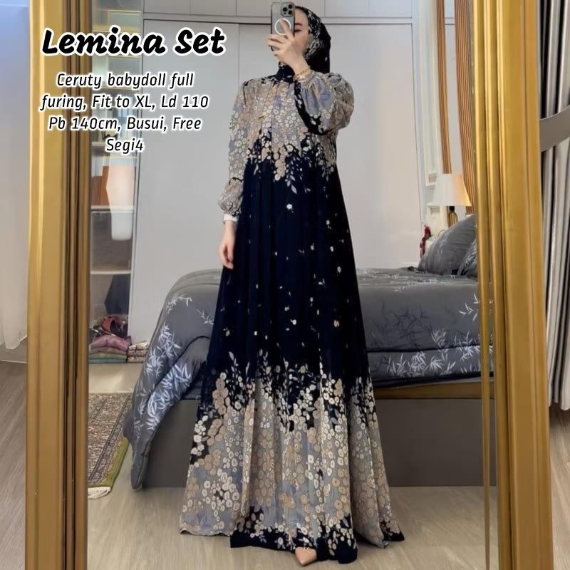READY SIAP KIRIM LEMINA SET LABEL JASMINE GAMIS MUSLIMAH WANITA TERBARU DRESS SET HIJAB MOTIF