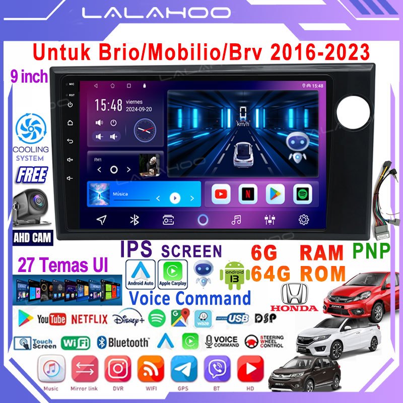 LALAHOO Untuk Brio/Mobilio/Brv 2016-2023 6G+64G Android 13 Head Unit Termasuk Frame/PNP Soket 9 Inch