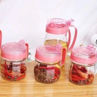 Kitchen Jar Set 4in1 - Wadah Tempat Toples Bumbu dan Minyak Dapur Bahan Kaca Mewah - Toples Wadah Bu