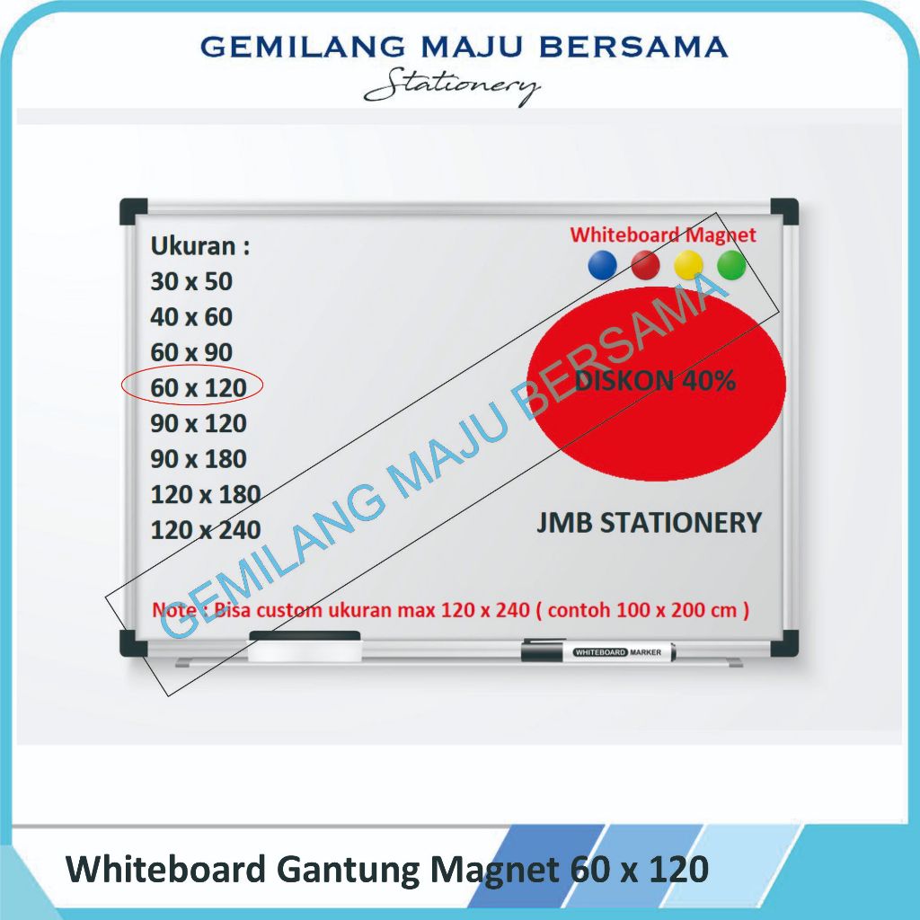 

Whiteboard / Papan Tulis 90 x 120 ( Gantung Magnet / Non Magnet )