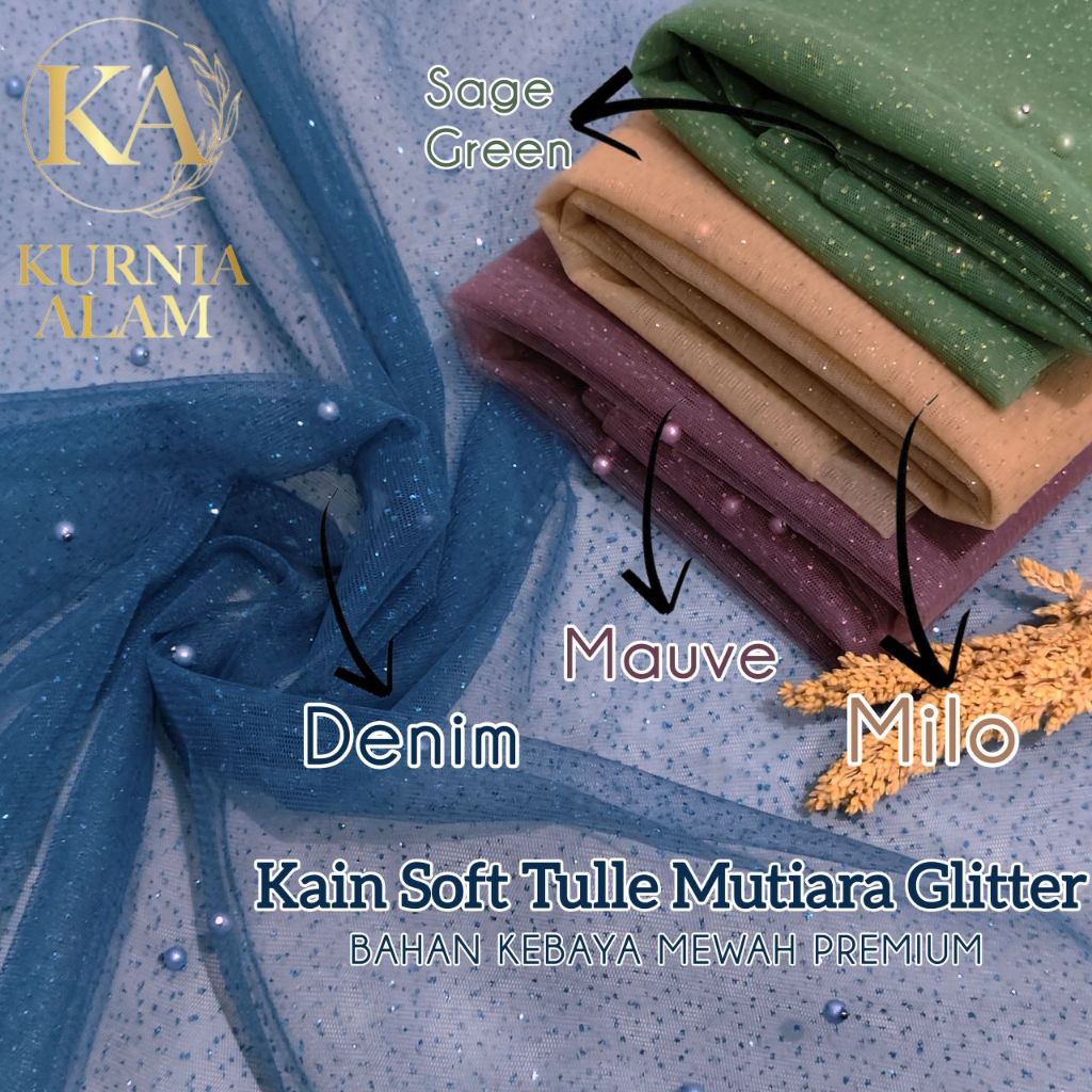 Kain Tile Swarovski Premium / Tile Glitter Mutiara Meteran warna MAUVE SAGE DENIM Lebar 1.75m