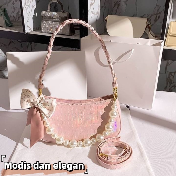Tas Selempang Bahu Kulit Wanita Tas Mutiara Genggam Rantai Wanita Import Premium Tali bahu yang bisa