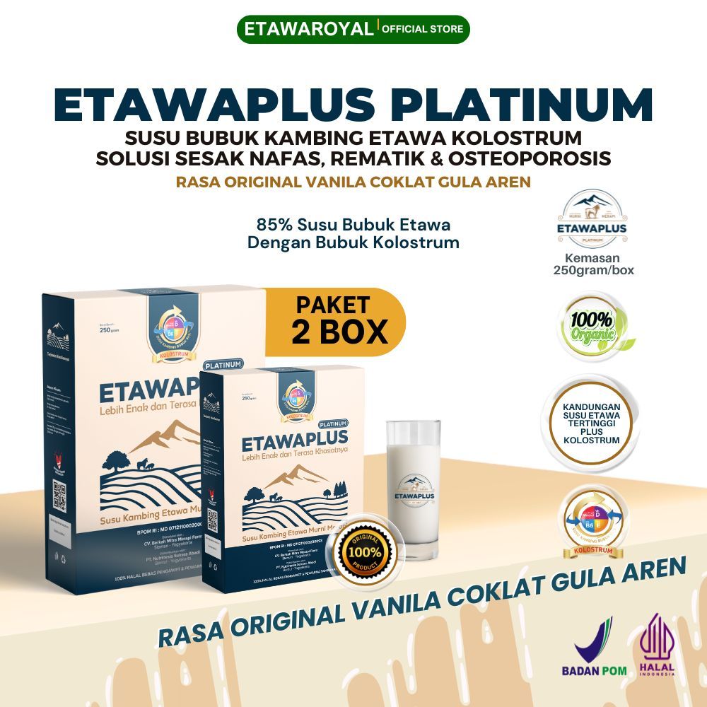 

Etawaplus Platinum Kolostrum - Susu Kambing Etawa Untuk Therapy Sesak Nafas, Pegal Linu paket 2 Box 250gram