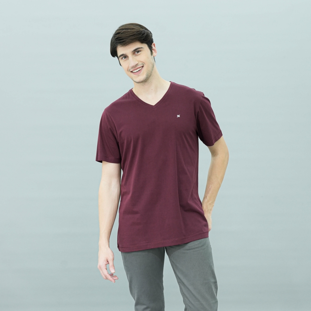 Johnwin - Kaos Pria - Kaos Polos Warna - Kaos Supima 30's - V Neck - Slim Fit - Maroon