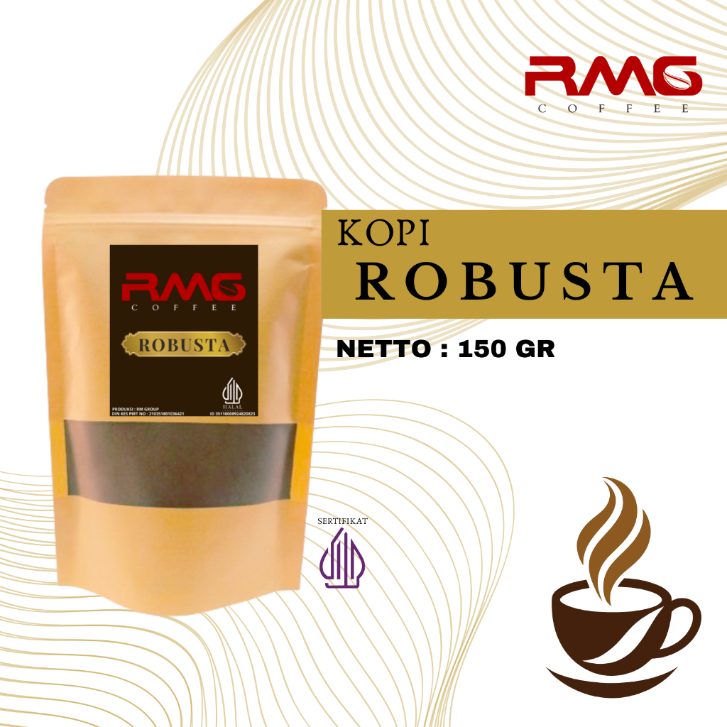 

Bubuk Kopi murni ROBUSTA RMG isi 150 Gram Rasa di jamin mantap