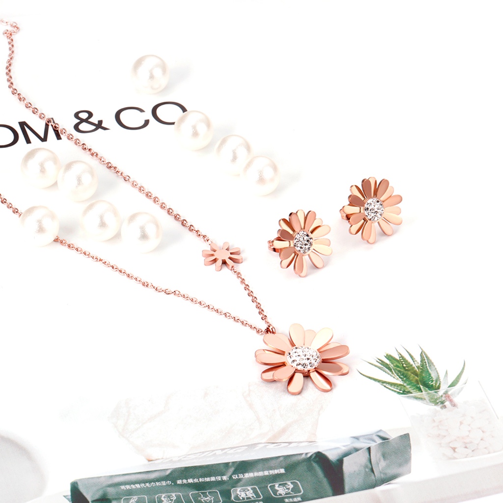 Kalung Anting Set Bunga Daisy Anting Tusuk Titanium Anti Karat - Sunny