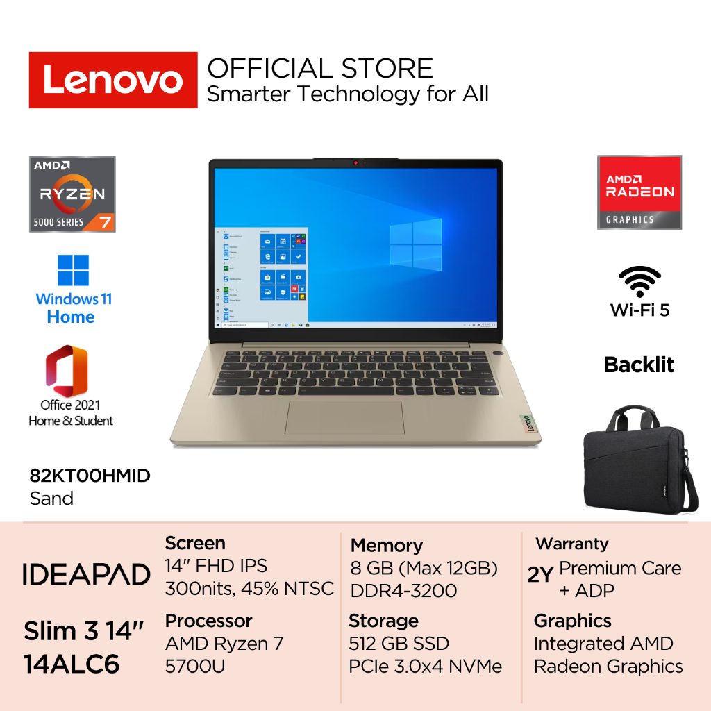 Lenovo IdeaPad Slim 3 14ALC6 AMD Ryzen 7 5700U Win11 8GB 512GB SSD 14" FHD IPS 45% NTSC Integrated R