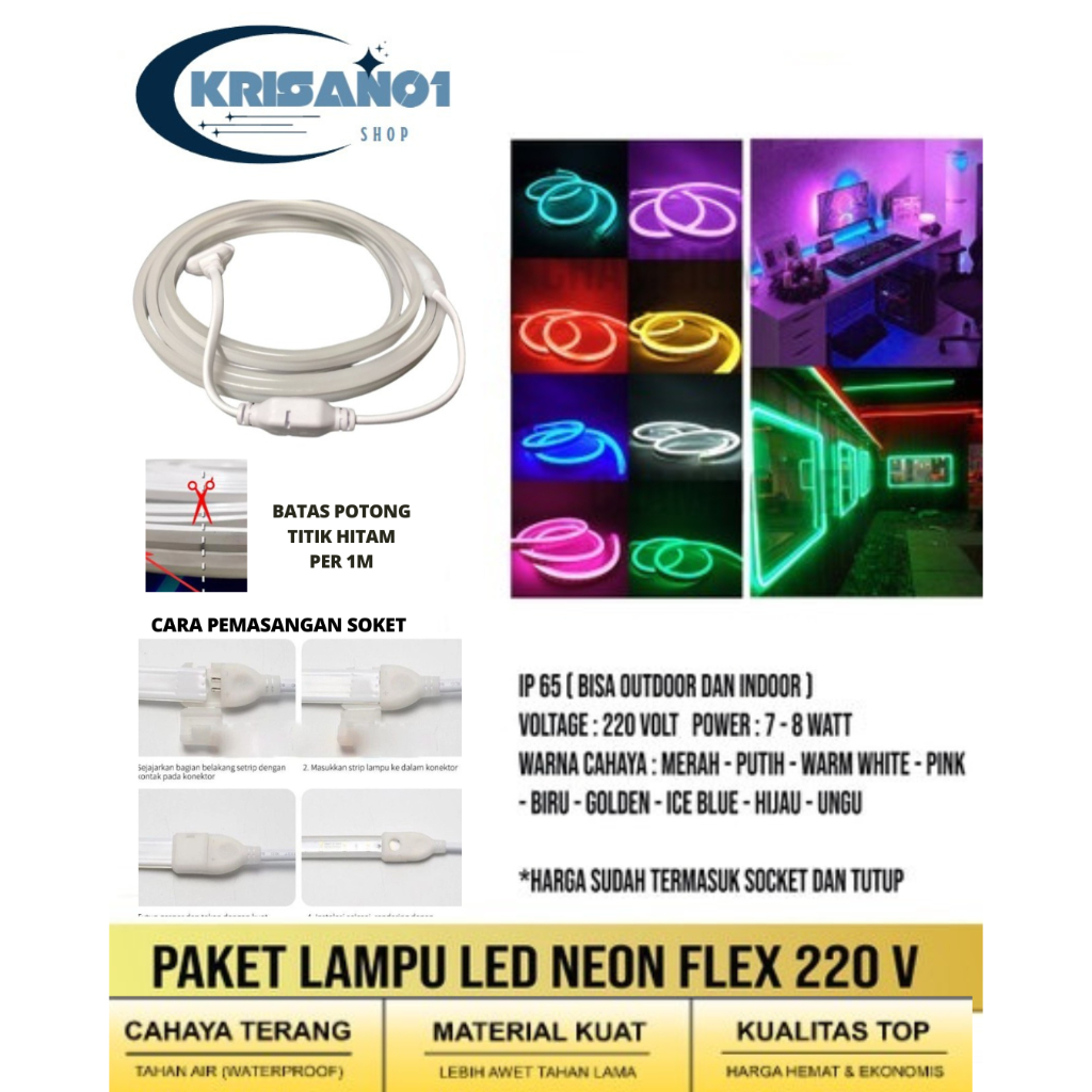 PAKET SIAP PAKAI LAMPU NEON FLEX 220v 10M - 20M + SOKET + TUTUP WATTERPROFF //  Led Selang Fleksibel