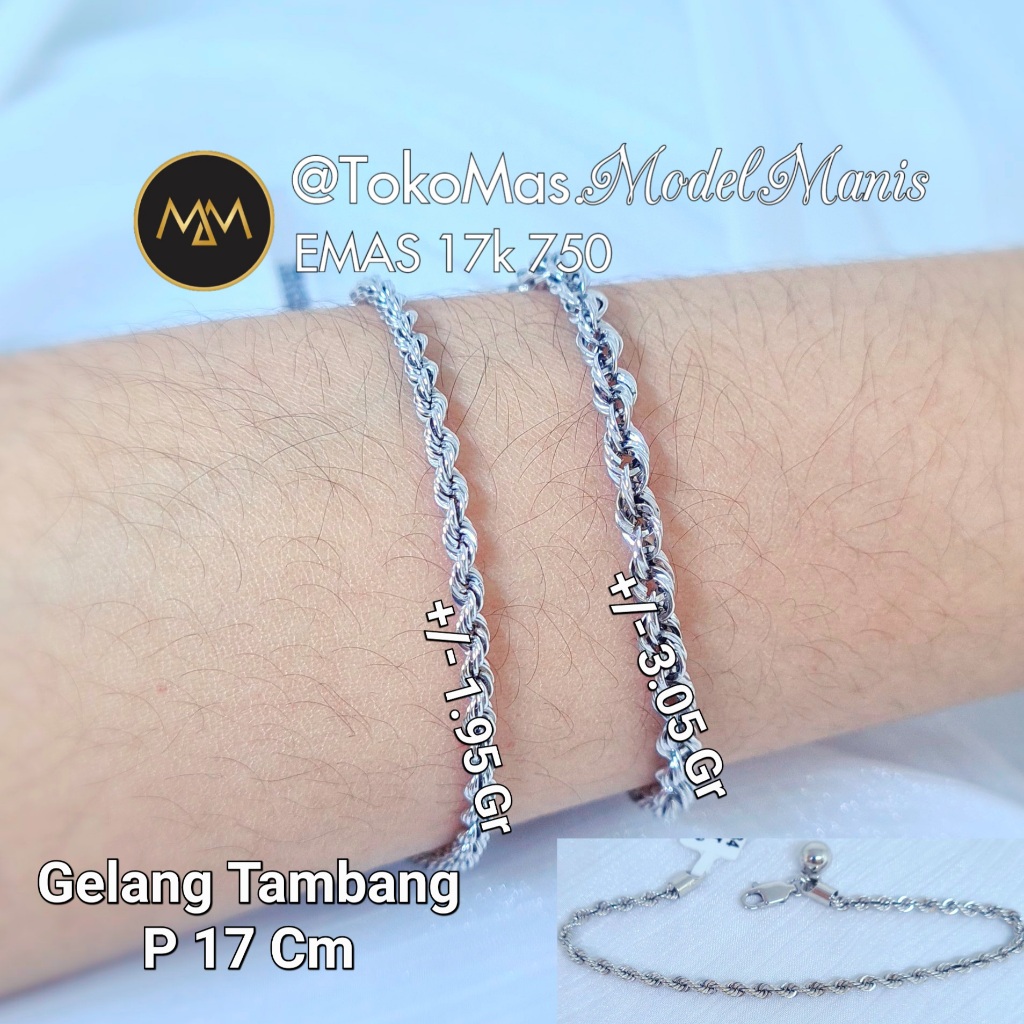 Gelang tambang emas putih 750 kadar 17 k