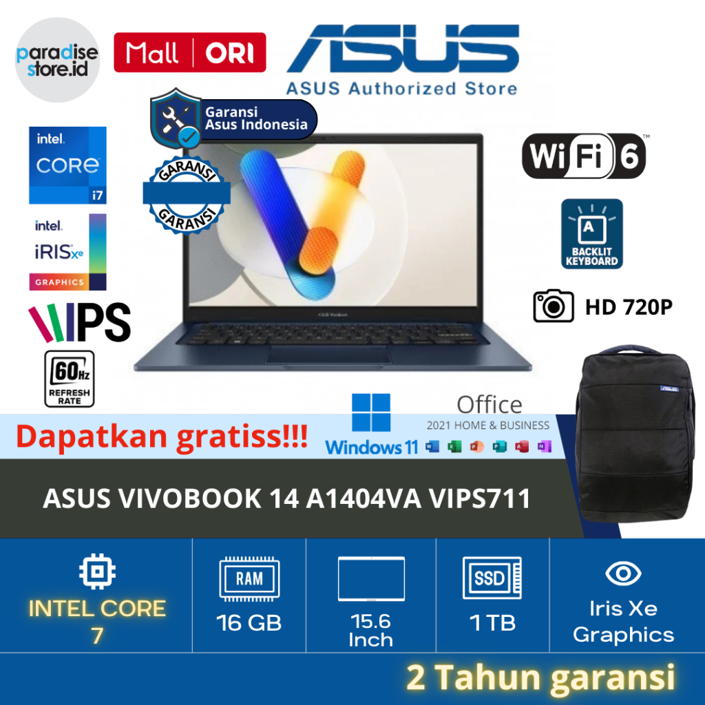 Laptop Asus VivoBook 14 A1404VA FHD IPS Core i7 Gen13 16GB 1TBSSD - VIPS711 / BLUE
