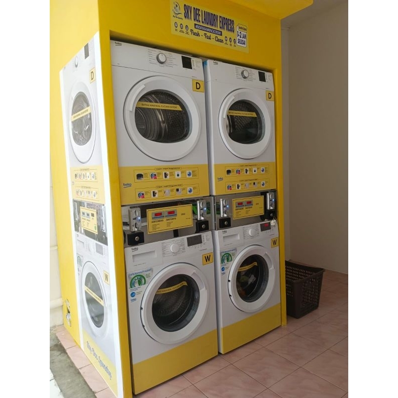 Paket Laundry Koin stack Beko washer dan dryer dengan partisi mesin dan instalasi