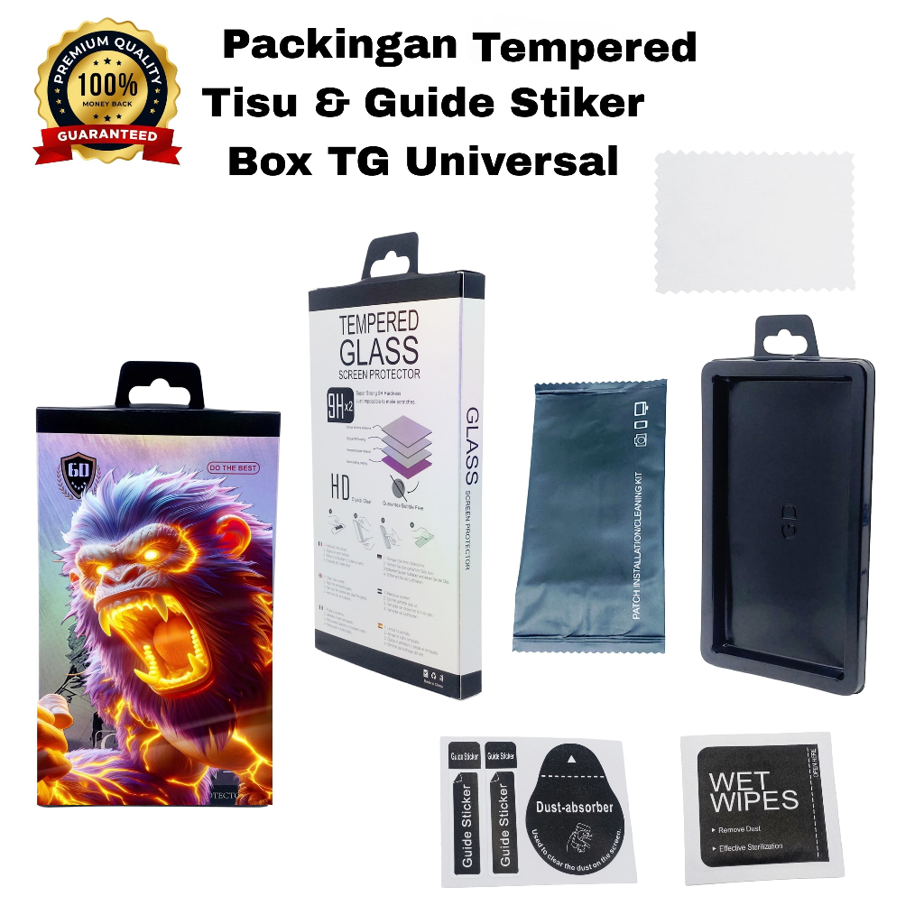 Packingan Tempered Set Lengkap + Tisu + Guide Sticker Box Tg Universal Untuk Semua Tg Super Fit,Auto