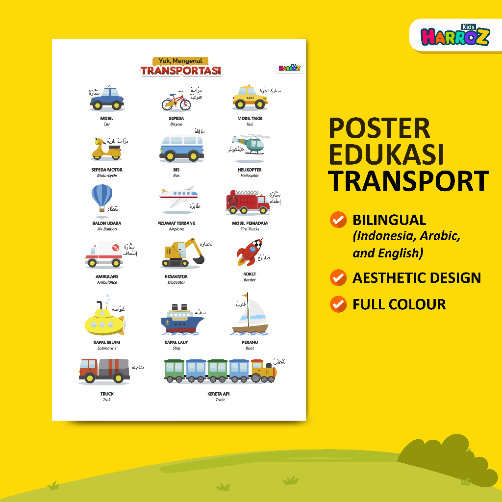 Poster A3+ Mengenal Kendaraan Darat Laut Udara Untuk Balita Paud TK SD 3 Bahasa Indonesia Arab Inggr