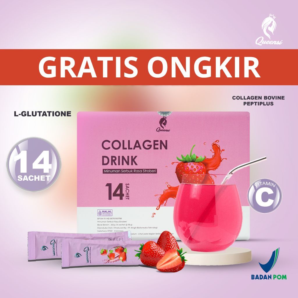 QUEENSI COLLAGEN DRINK ORIGINAL MINUMAN KOLAGEN RASA STROBERI UNTUK PERAWATAN KULIT TUBUH,RAMBUT DAN