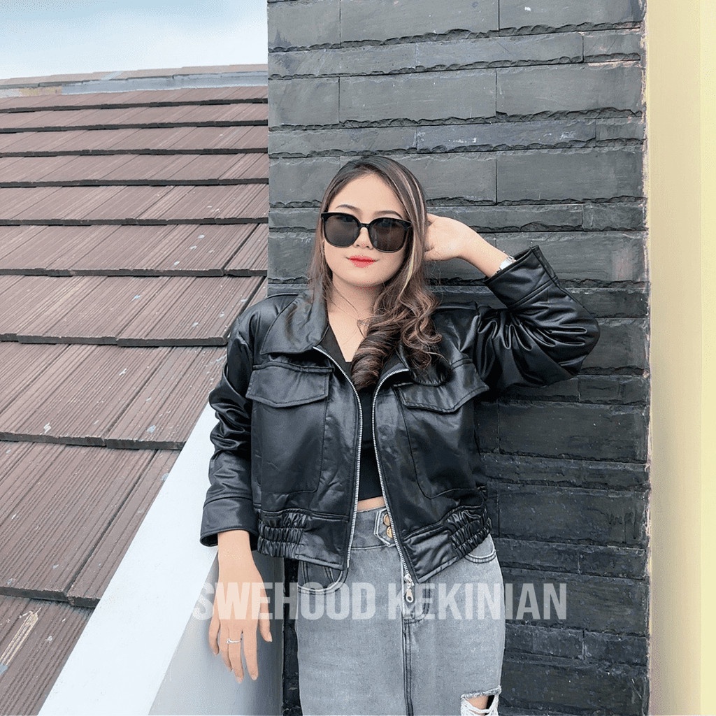 Xienna Jaket Kulit Crop Elegant Wanita Kekinian Fashion Outfit Jacket Cewek Korean Style