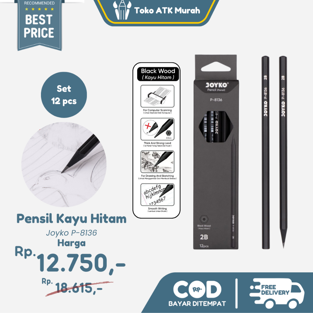 

1 BOX 12 PCS Pensil Hitam Joyko P-8136 2B Black Wood Wooden Pencil