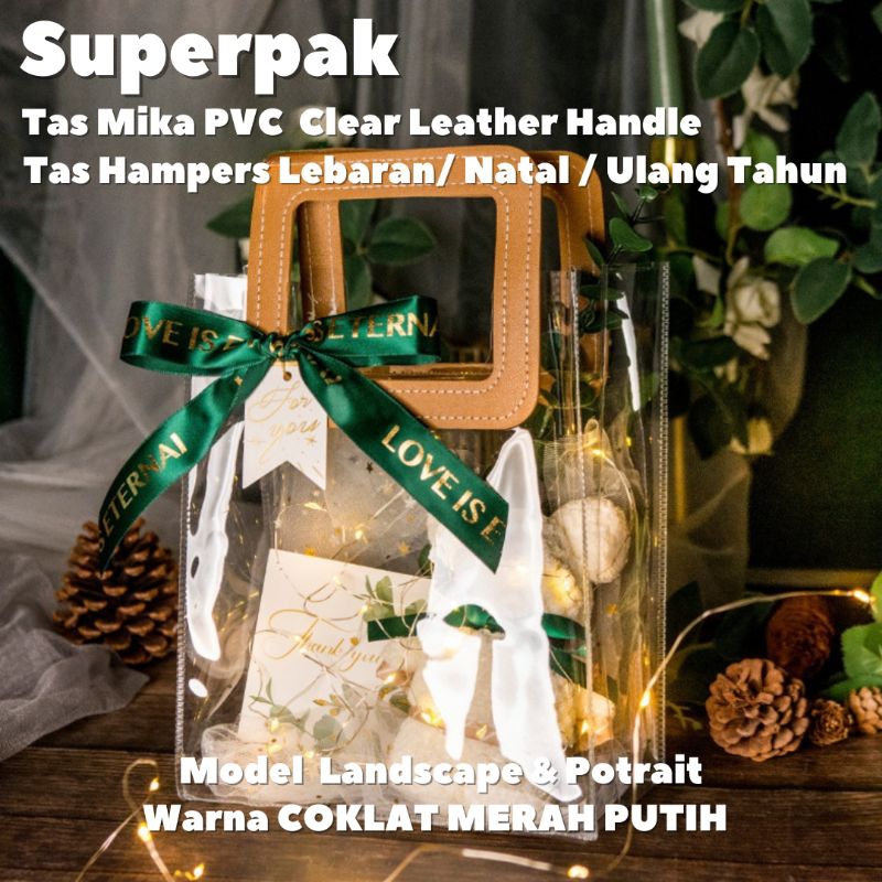 

(10pcs) 15x15x23 Superpak Tas Mika PVC Bening Transparan Gagang Kulit Tas Souvenir Goodie Bag Ulang Tahun Lebaran Imlek Natal Premium