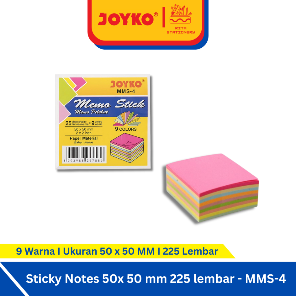 

Joyko Sticky Notes / Memo Kertas Tempel 50 x 50 mm 9 Warna 225 lembar - MMS-4