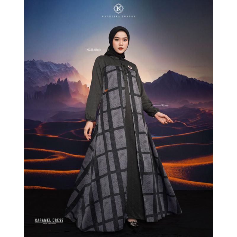 [12.12] ✔️ CARAMEL DRESS • NADHEERA LUXURY / Gamis Dress Silk Satin Mewah Tartan Abu Tua Adem Busui 
