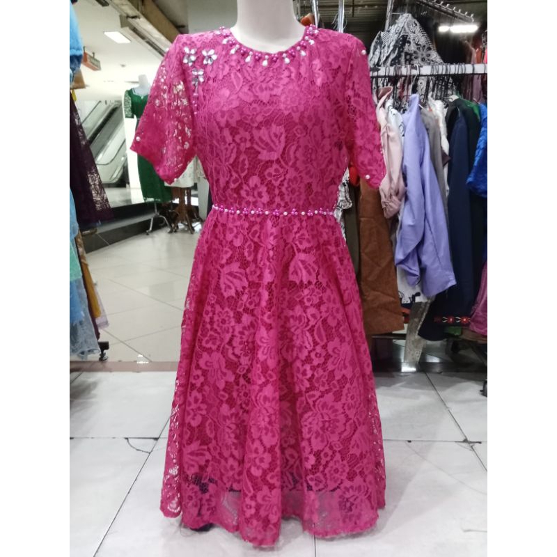 DRESS FULL BROKAT MIX PAYET LENGAN 3/4 PINGGANG BELAKANG KARET WARNA PINK FANTA FUCHSIA MEWAH BAGUS 