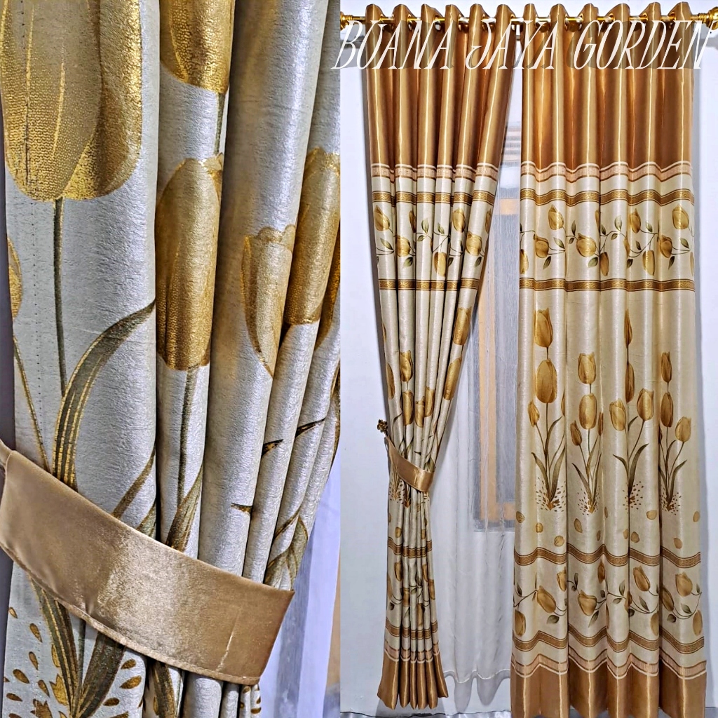 Gorden Blackout Premium Tebal Motip Bunga Tulip Napoleon Gold Aesthetic Terbaru