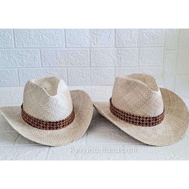 Diskon Terbaru Topi KoboyCowboy Pria Anyaman Pandan Pita Batik