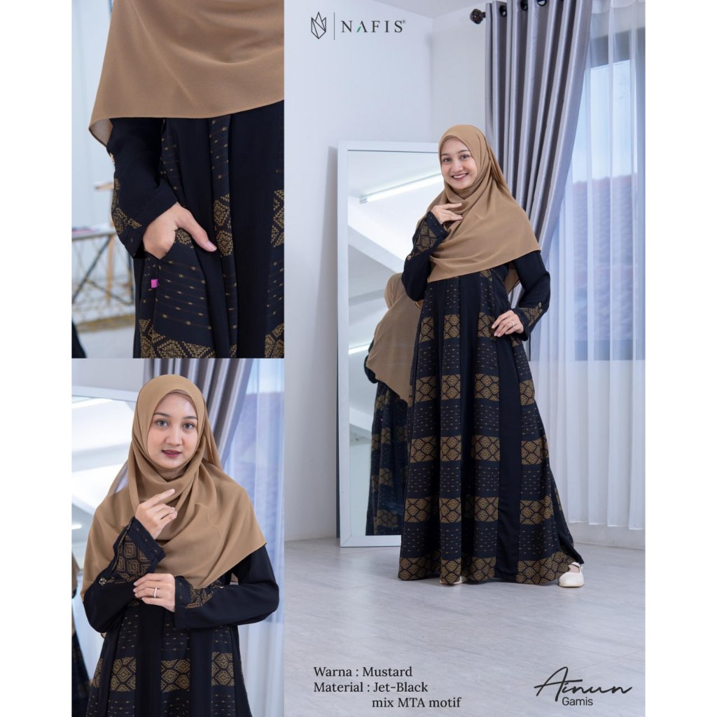NAFIS GAMIS AINUN DEWASA Bahan Jet Black Mix MTA Motif