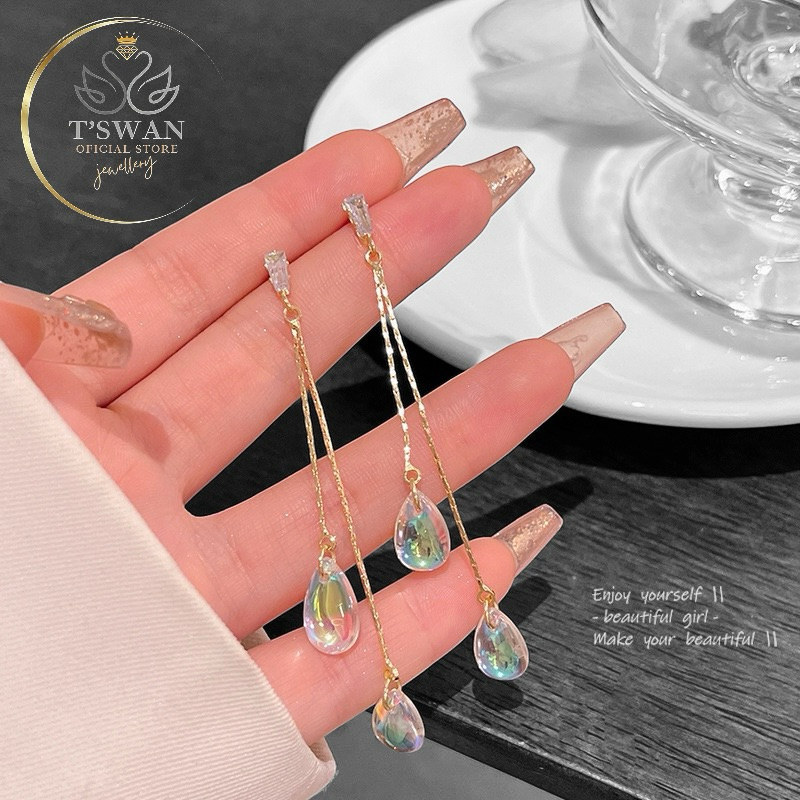 TSWAN-Anting Tusuk Berlian Rumbai Berlapis S925 - Anting Perak Stud Berlian Rumbai