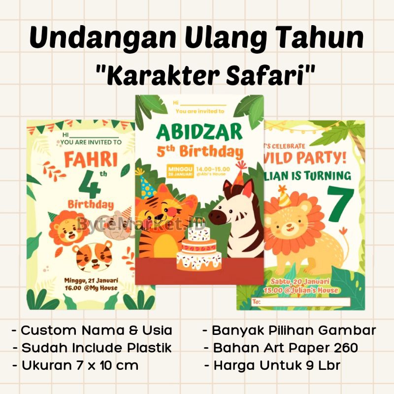 Undangan Ulang Tahun / Karakter Animal Safari Jungle Custom/ Undangan Ultah Anak Harga Perlembar