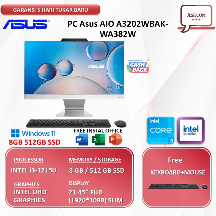 PC Asus AIO A3202WBAK-WA382W Intel Core i3-1215U 8GB 512GB SSD 21.5″ FHD Win 11 White-All in one