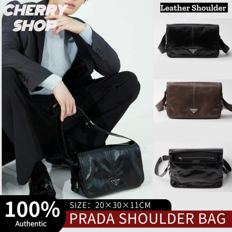 Prada Men's Leather Shoulder Bag ✨Tas Selempang Kulit Pria