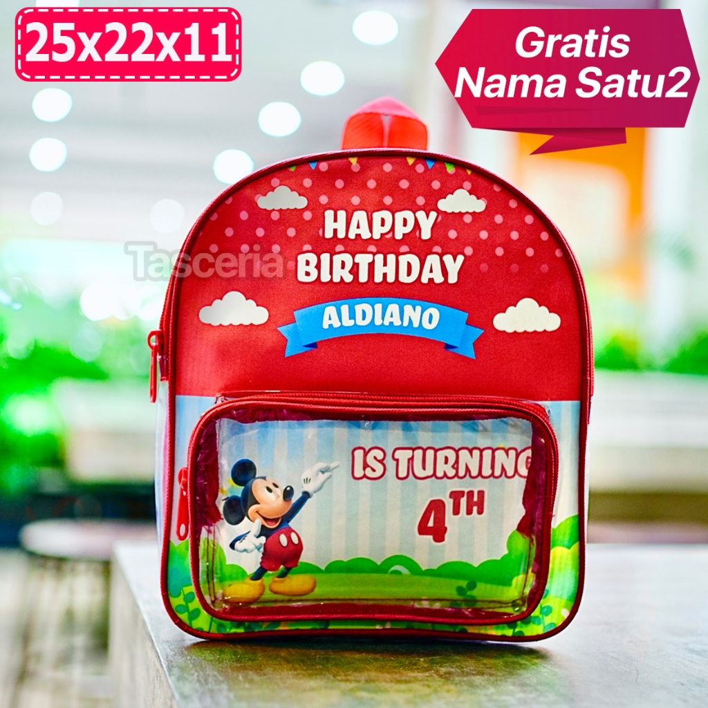 Tas Ulang Tahun Ransel Mika Anak Custom Nama Mickey Mouse Lucu