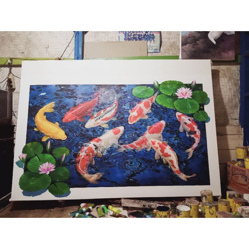 Lukisan dinding 3D gambar ikan koi 90×120cm