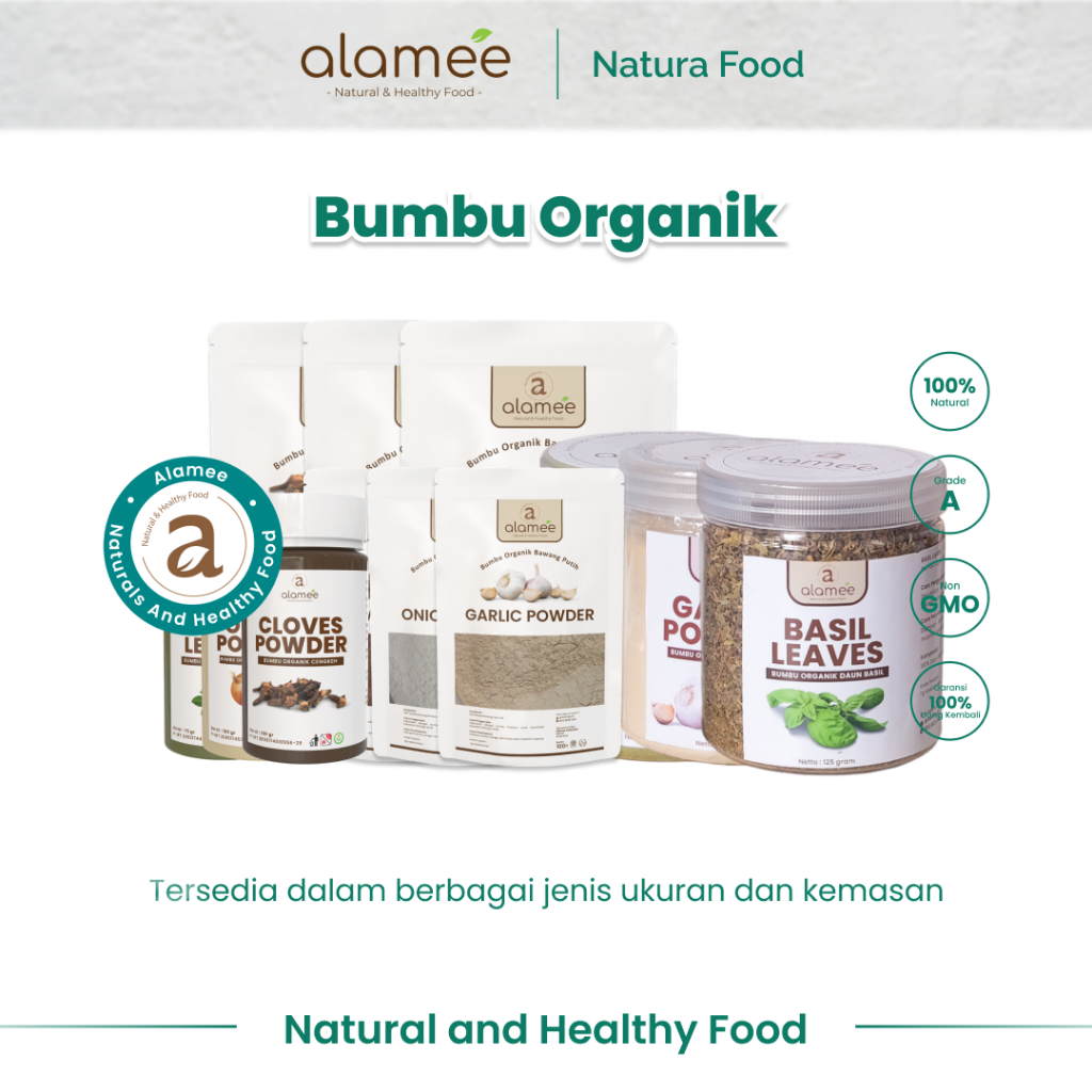 

ALAMEE Bumbu Dapur Bubuk 50gr Lada Hitam Kunyit Jahe Bawang Merah Bombay Cabe Chili Flakes Organik