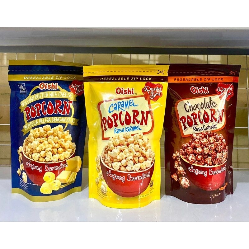 

Oishi Popcorn 100 gram mentega belgia keju / caramel / cokelat kartonan atau isi 1 DUS isi 20 pack
