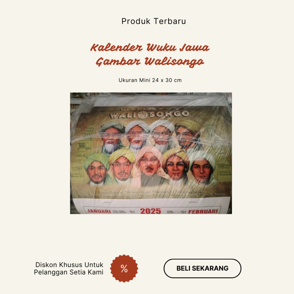 

Kalender Dinding 2025 Terbaru Wuku Jawa Gambar Wali Songo Ukuran Mini 24 x 30 Cm - Hiasan Dinding Calender Walisongo Sunan Gresik Ampel Bonang Drajat Kudus Giri Kalijaga Muria Gunung Jati Tokoh Penyebar Agama Islam di Pulau Jawa