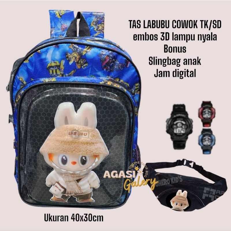 tas labubu anak cowok usia 4-8 tahun - tas ransel anak cowok motif labubu 3D LED lampu menyala
